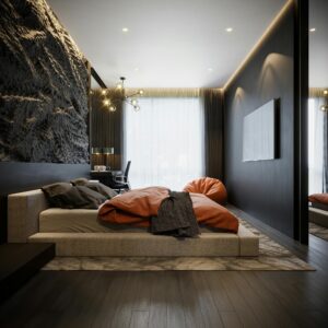 A sleek and stylish minimalist bedroom featuring elegant decor and modern design elements.