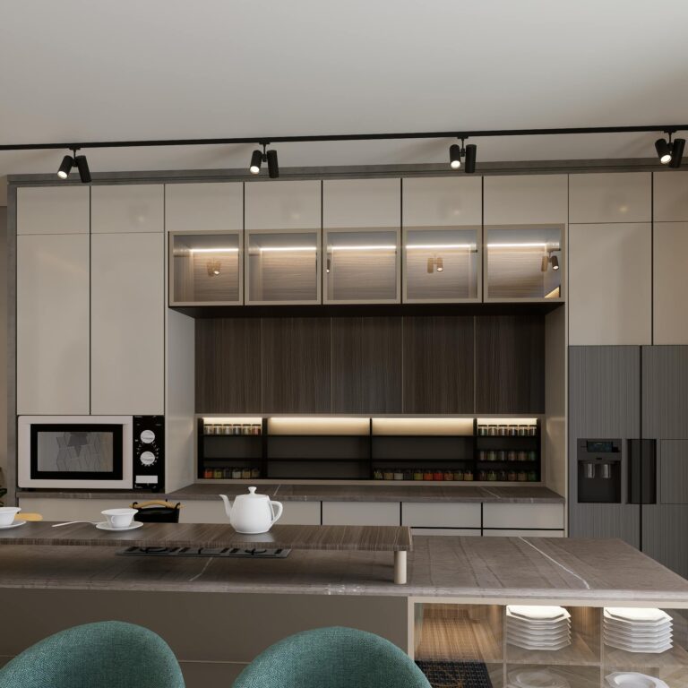 Stylish modern kitchen featuring sleek cabinetry, appliances, and minimalist decor.